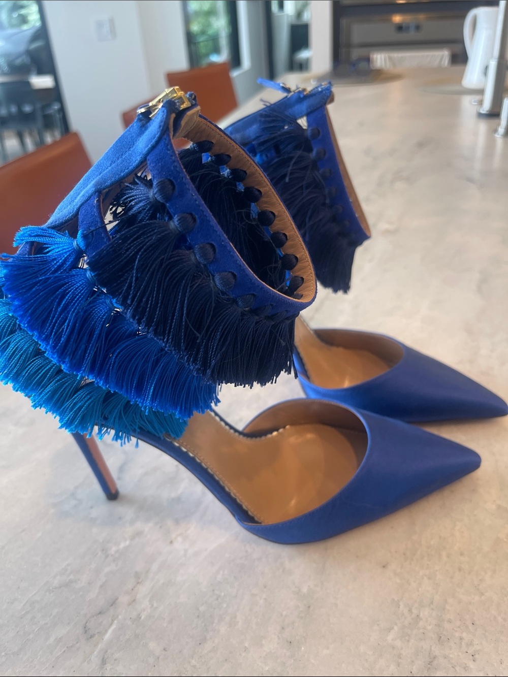Aquazzura Electric Blue Tassel Fringe Ankle-Strap Pointed-Toe Heels